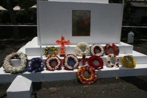Fresh flower wreaths laid at the Cenotaph.  